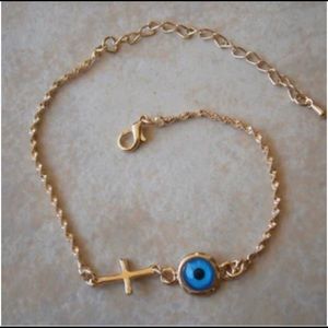 Blue Evil Eye Nazar Mati 14K gold twisted curb chain Cross Anklet Ankle Bracelet